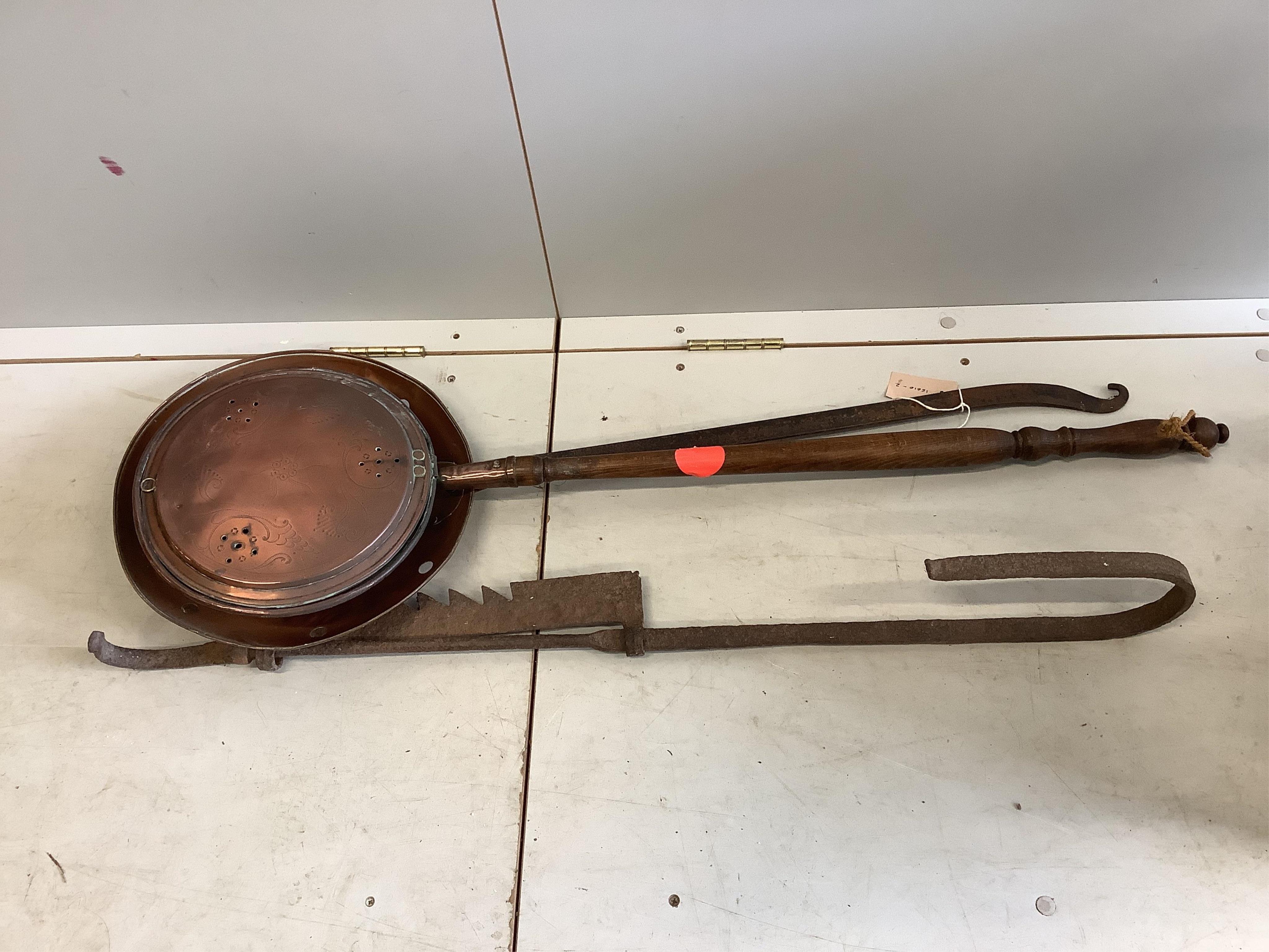 A copper and brass weather vane, warming pan and sundry metalware. Condition - poor to fair